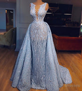 Elegant Blue Lace Sleeveless Deep V Neck Semi Formal Prom Dresses Party Dresses